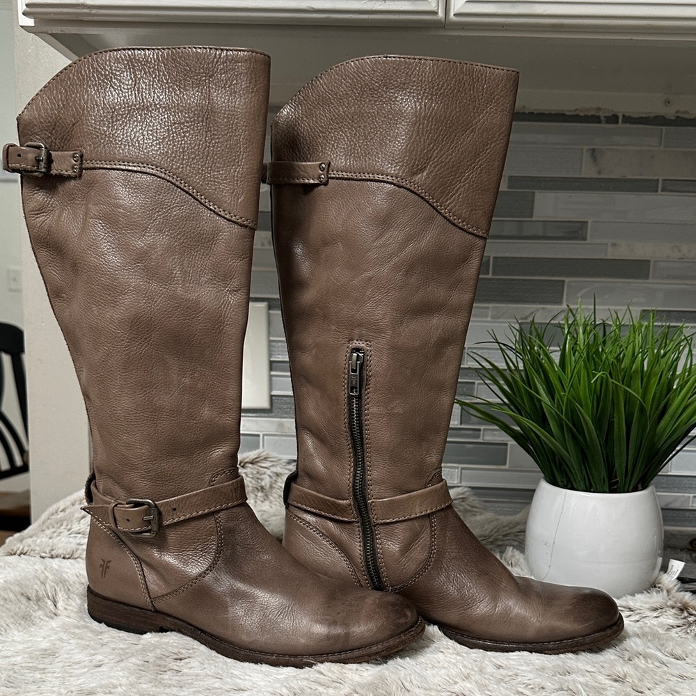 Frye Phillip Harness Leather Tall Riding Boots Gray Women's Size 9.5 B